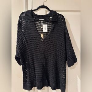 Max Studio Black Open-Knit V-Neck Collared Sweater Top